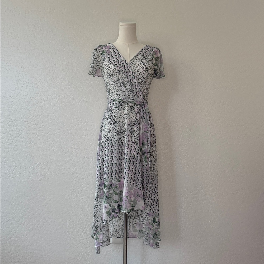 DKNY High Low Floral Dress in Green, Purple and White